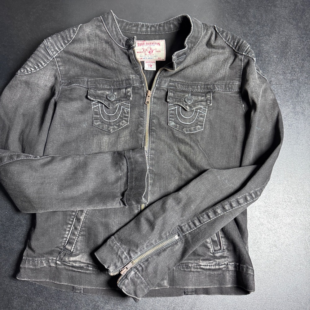 True Religion Moto Jacket Womens L Black Solid Denim‎ Full Zip Biker Coat